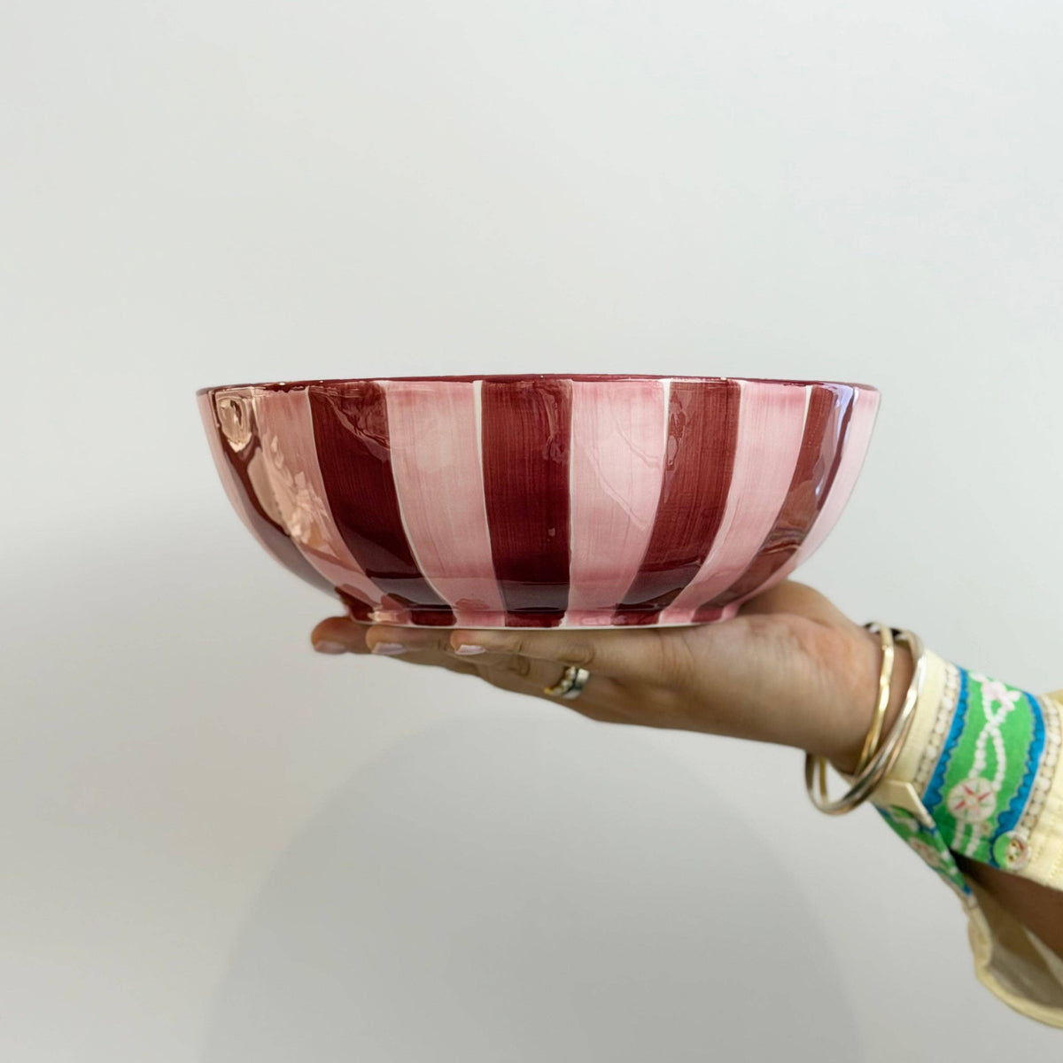 Ceramic Salad Bowl | Pink & Burgundy Stripe