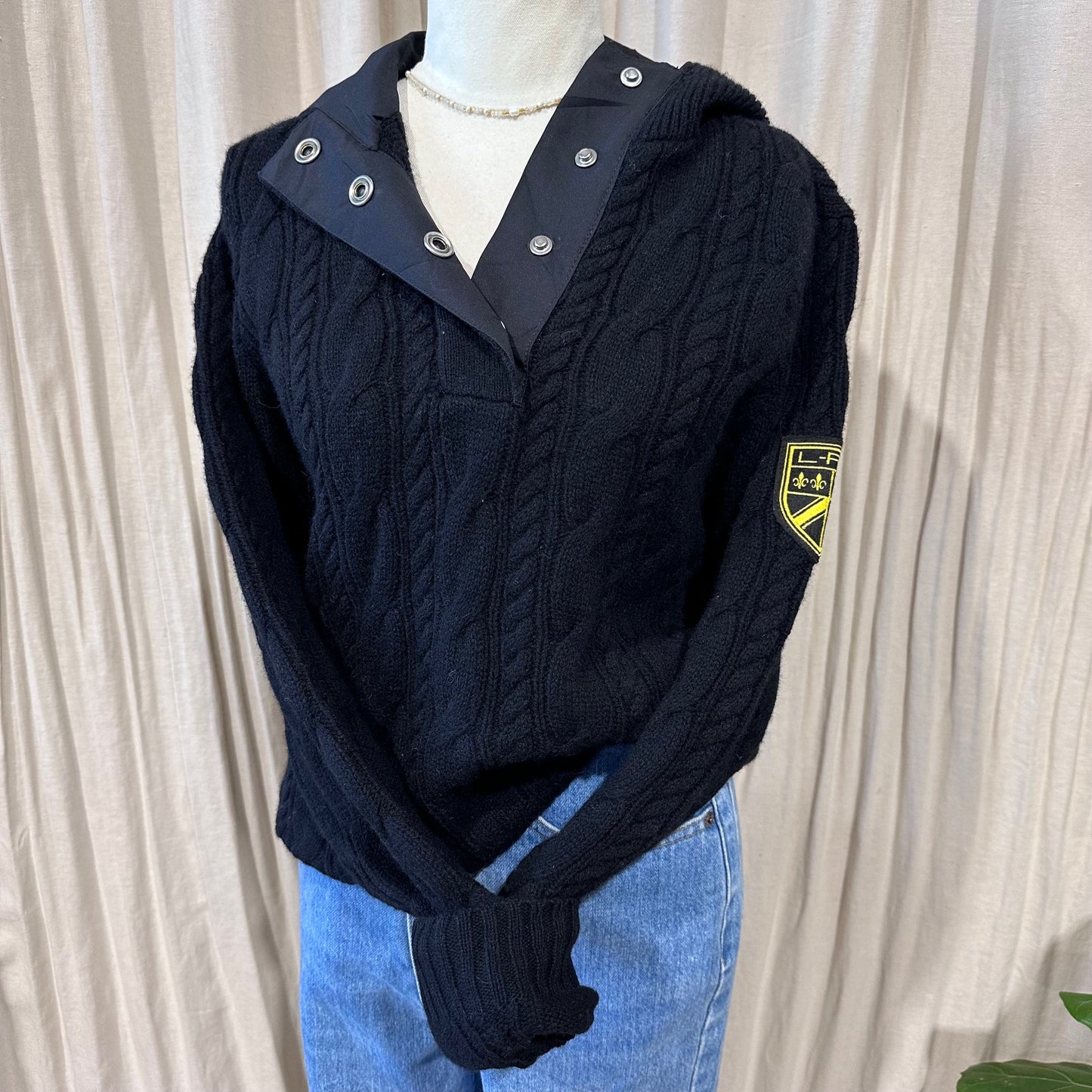 Vintage Knitwear - Black Cable Button Neck Ralph Lauren