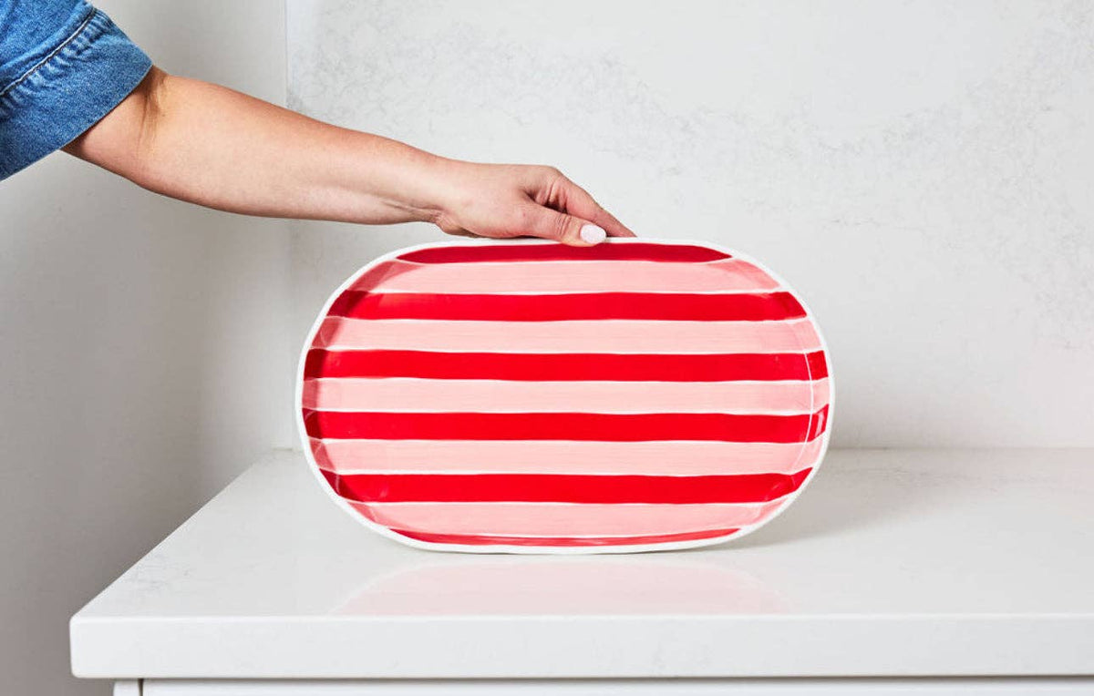 Oval Ceramic Platter | Pink & Red Stripe